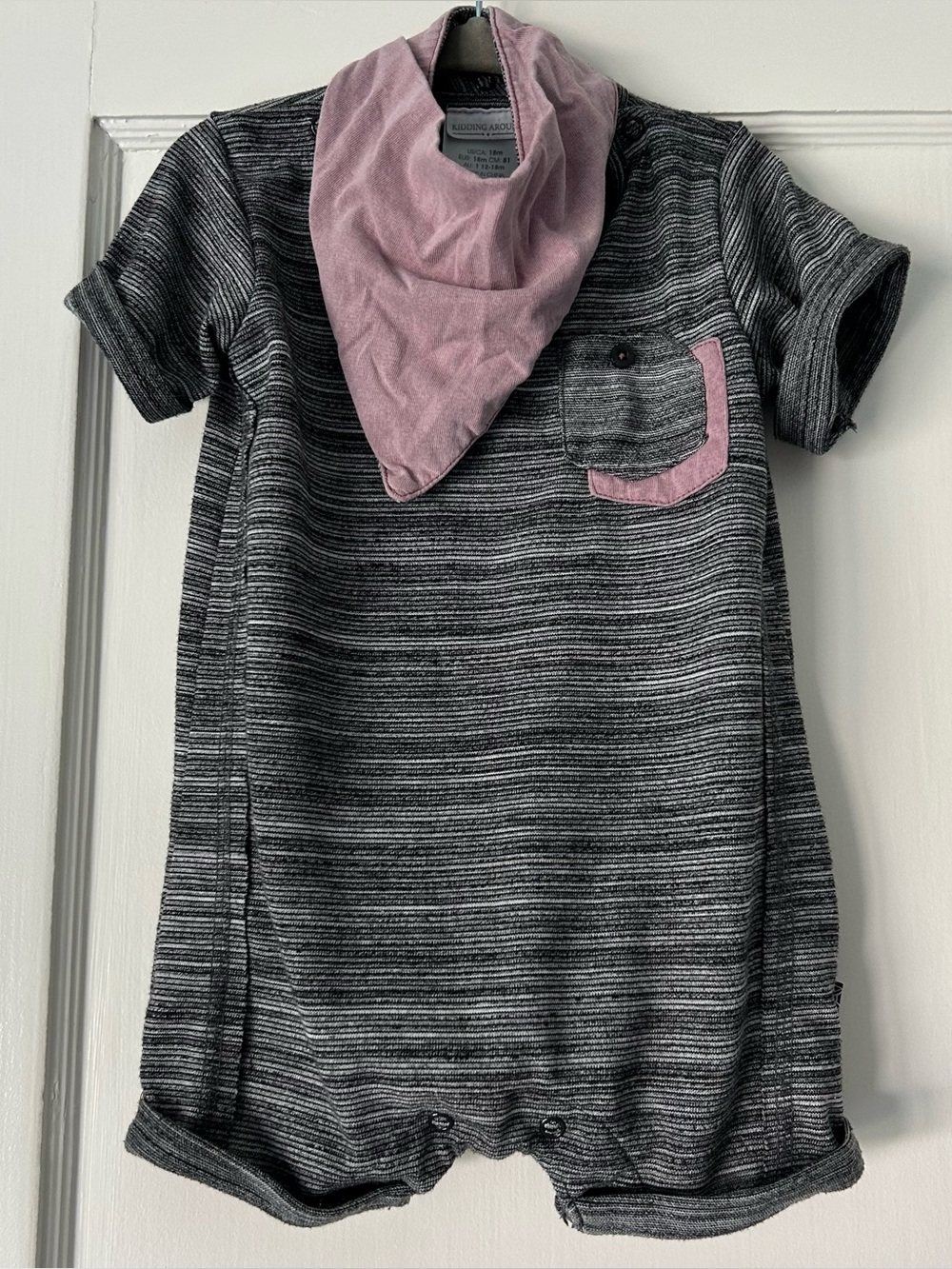 Kidding Around Baby Toddler Romper Grey w/ Purple Accents and Coordinating Bib